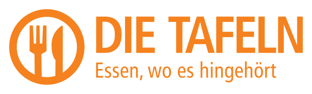 Logo von Die Tafeln in Orange, mit einem Teller-, Gabel- und Messersymbol auf der linken Seite und dem Text "DIE TAFELN Essen, wo es hingehört" auf der rechten Seite. Der Hintergrund ist hellgrau.