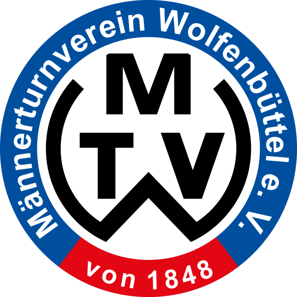 Logo des Männerturnvereins Wolfenbüttel e. V. mit den großen schwarzen Buchstaben MTV in der Mitte, umgeben von einem blau-roten Ring mit weißem Schriftzug, der den Vereinsnamen und von 1848 am unteren Rand enthält.