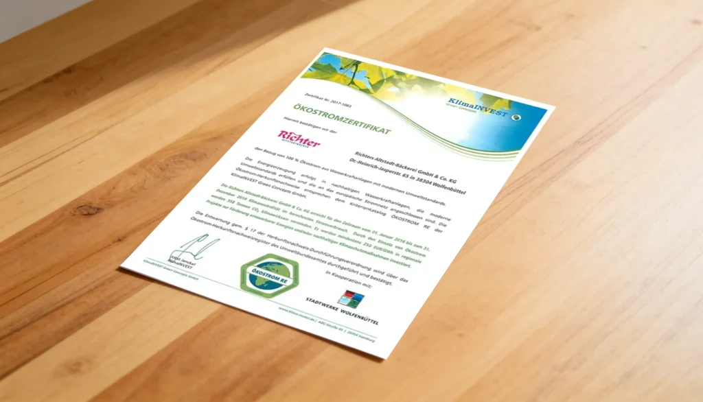 Ein gedrucktes Umweltzertifikat mit grünen und blauen Akzenten liegt auf einem Holztisch. Das Dokument enthält Logos, eine Unterschrift und einen deutschen Text, der die Nutzung erneuerbarer Energien und Nachhaltigkeit hervorhebt.