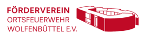 Logo mit roter Schrift „FÖRDERVEREIN ORTSFEUERWEHR WOLFENBÜTTEL E.V.“ neben einem stilisierten rot-weißen Gebäude, das einer Feuerwache oder einem runden Bauwerk ähnelt.
