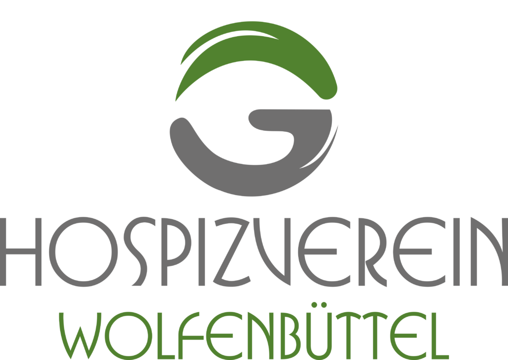 Logo mit einem abstrakten Muster in Grün und Grau über der Aufschrift „Hospizverein Wolfenbüttel“ in stilisierten grauen und grünen Buchstaben auf hellem Hintergrund.