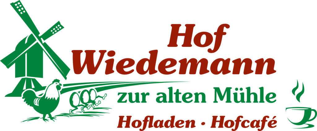 Logo mit einer grünen Windmühle, einem Hahn, Hühnern und einer Tasse Kaffee. Der Text lautet: Hof Wiedemann zur alten Mühle, Hofladen, Hofcafé...